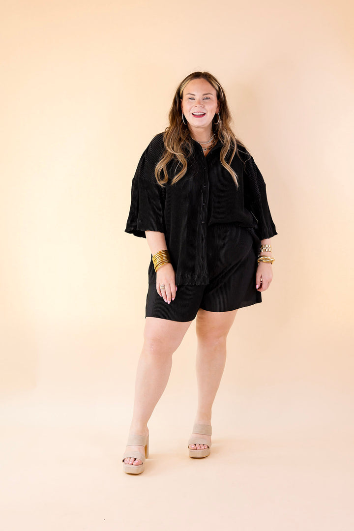 Make Me Dance Plissé Ribbed Shorts in Black - Giddy Up Glamour Boutique