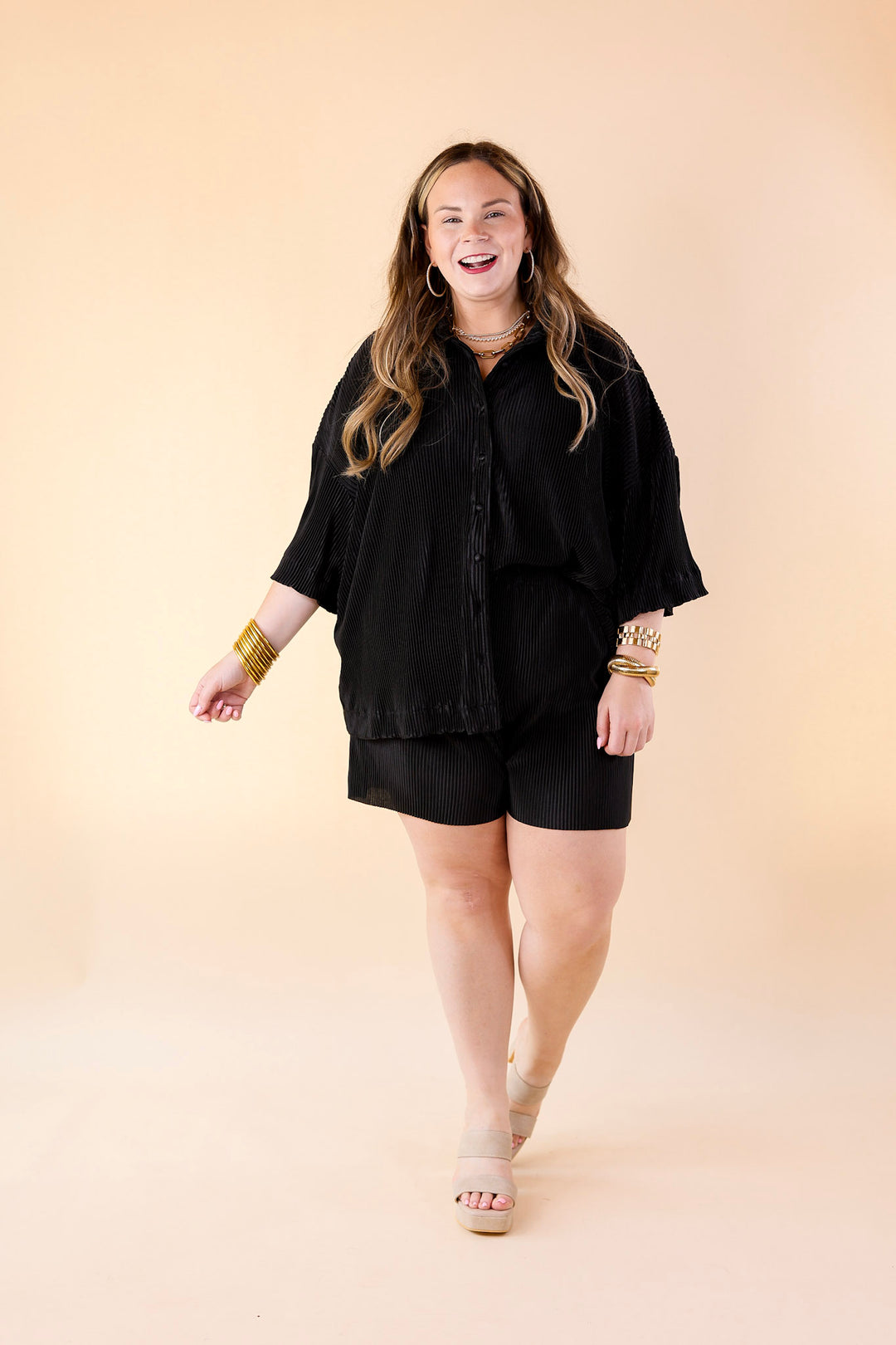 Make Me Dance Plissé Ribbed Shorts in Black - Giddy Up Glamour Boutique