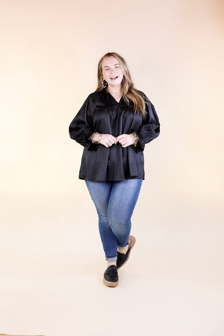 Sunset Situation Front Tie Keyhole Blouse in Black