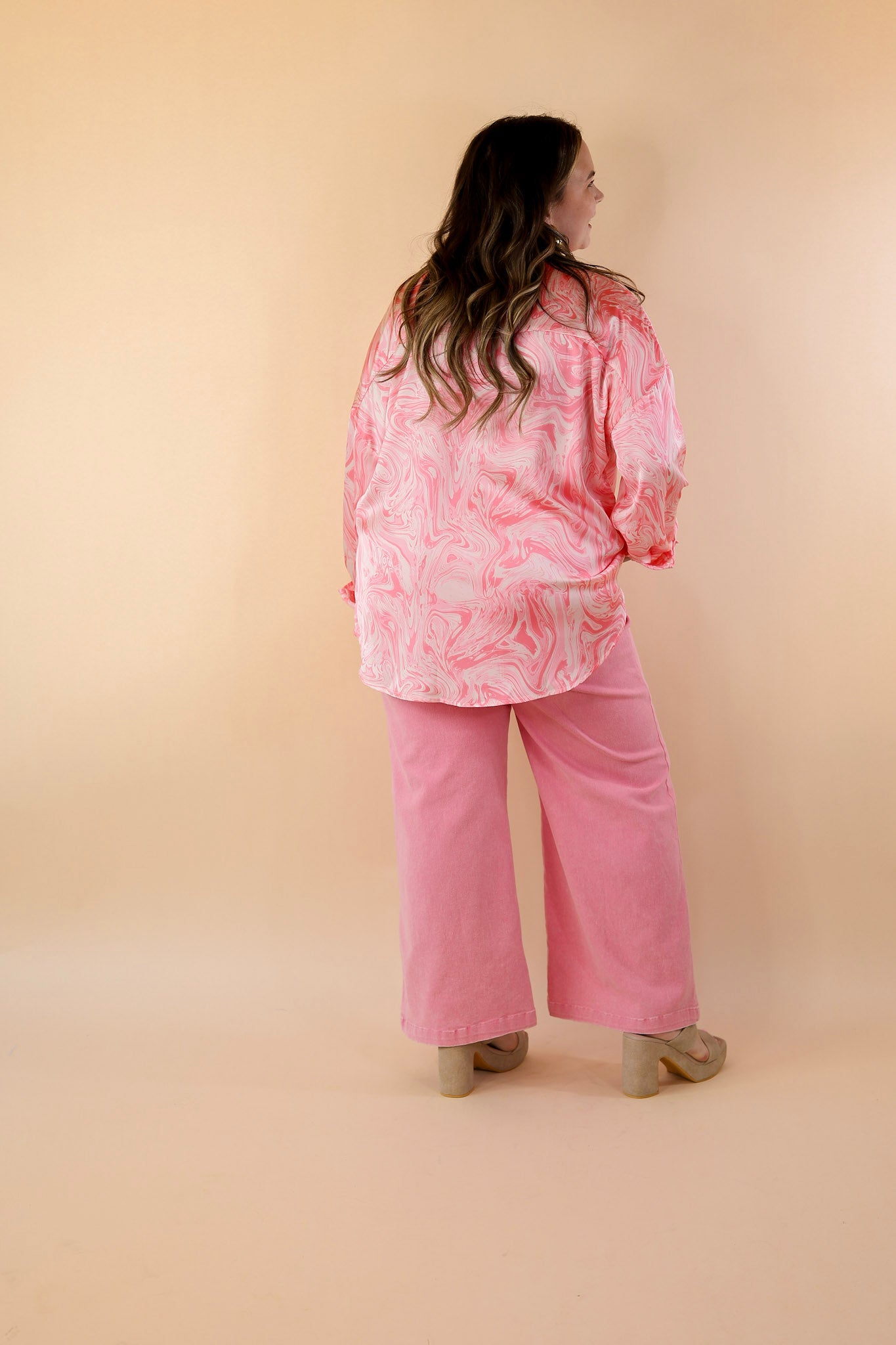 Pack A Punch Button Up Satin Marble Print Top in Pink - Giddy Up Glamour Boutique
