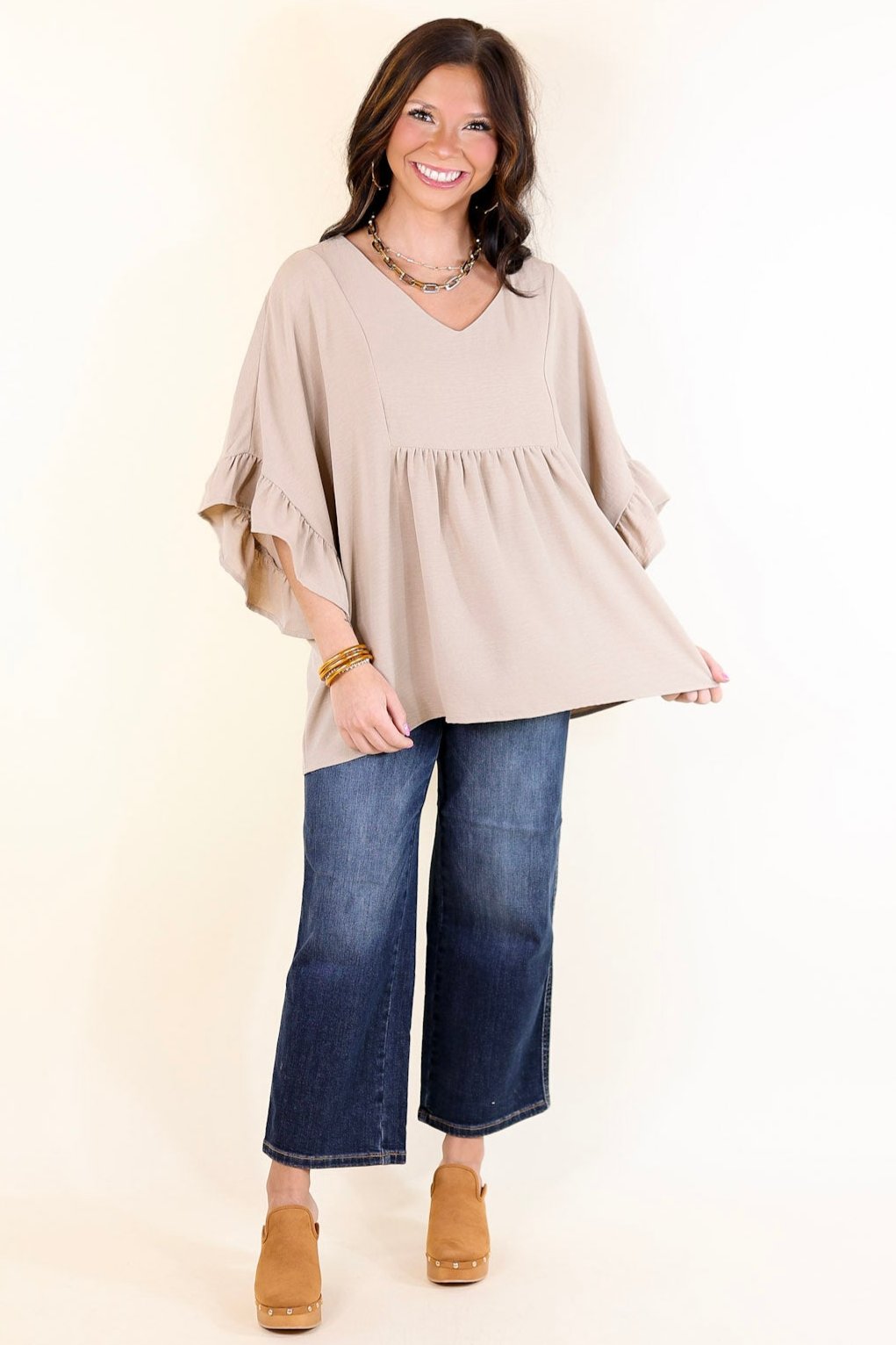 Chic Cascades Tiered V Neck Top with Ruffle Sleeves in Taupe