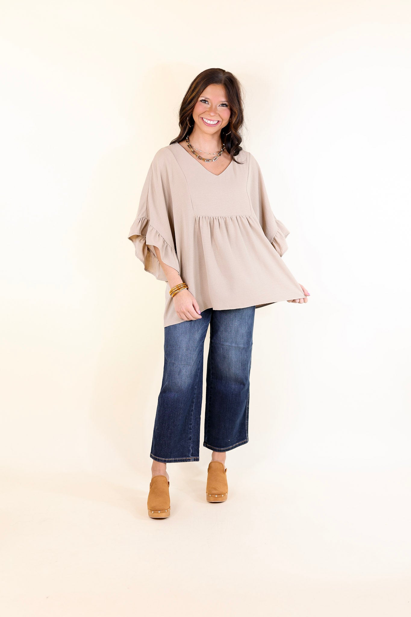 Chic Cascades Tiered V Neck Top with Ruffle Sleeves in Taupe