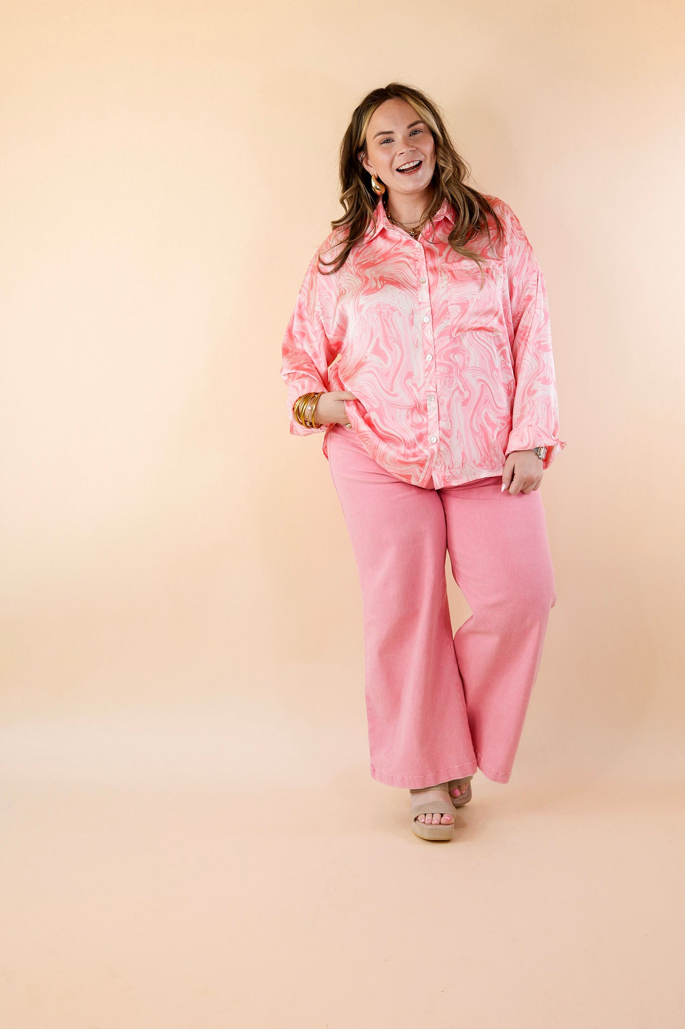 Pack A Punch Button Up Satin Marble Print Top in Pink - Giddy Up Glamour Boutique