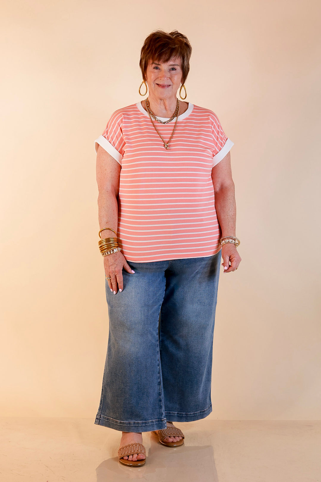 Right on Repeat Scoop Neck Cap Sleeve with Contrast Trim Striped Tee Top in Coral Orange