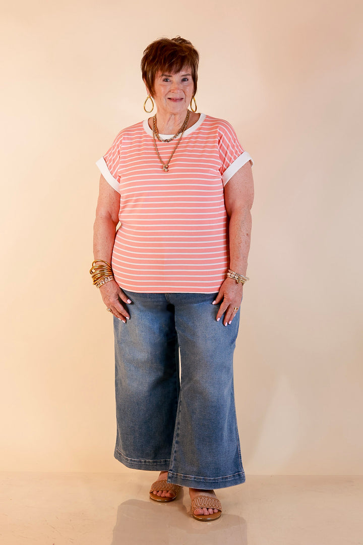Right on Repeat Scoop Neck Cap Sleeve with Contrast Trim Striped Tee Top in Coral Orange