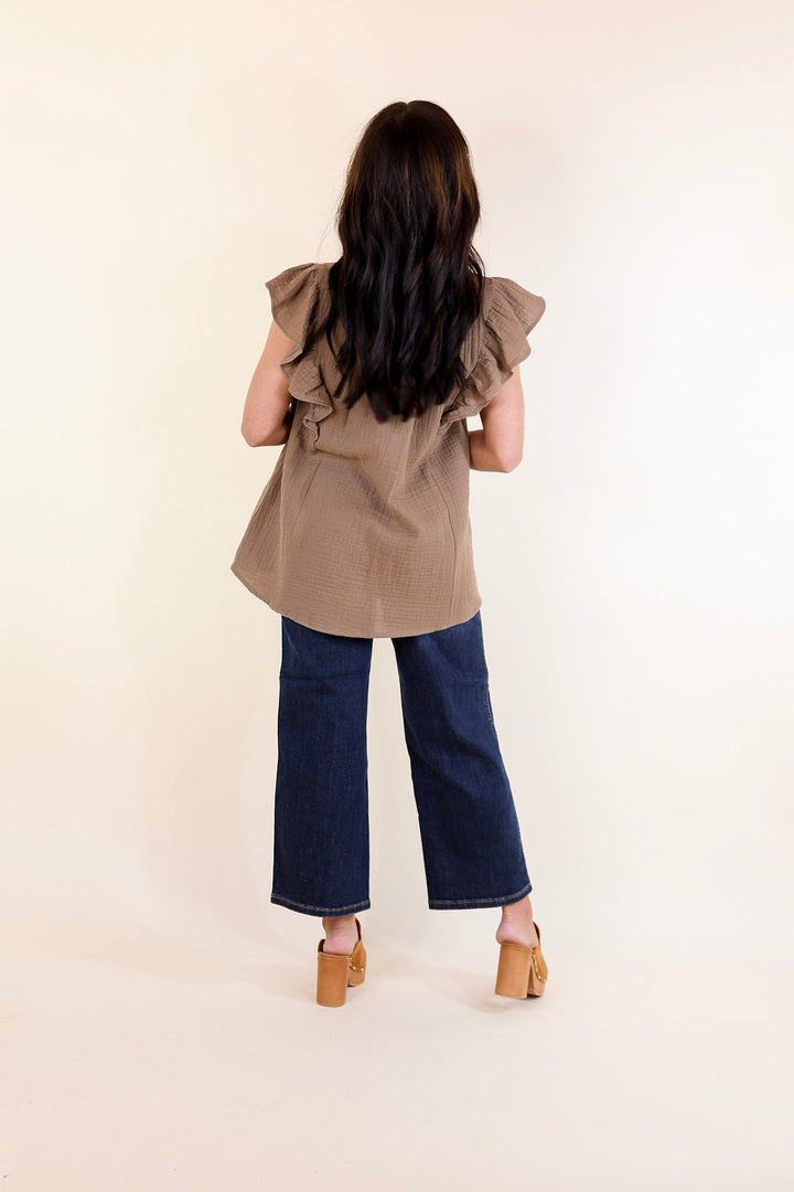 Dual Season Delight Ruffle Cap Sleeve Top with Keyhole and Tie Neckline in Mocha Brown