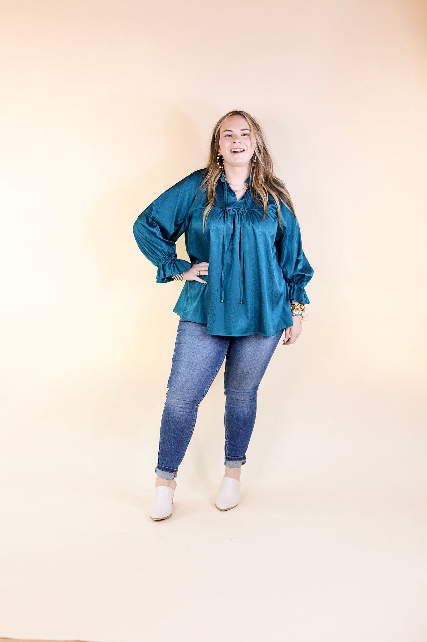 Sunset Situation Front Tie Keyhole Blouse in Teal Blue