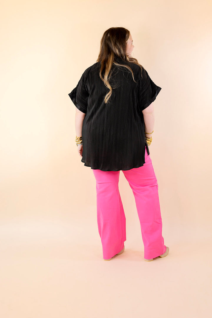 Walking In Paradise Plissé Button Up Top in Black - Giddy Up Glamour Boutique