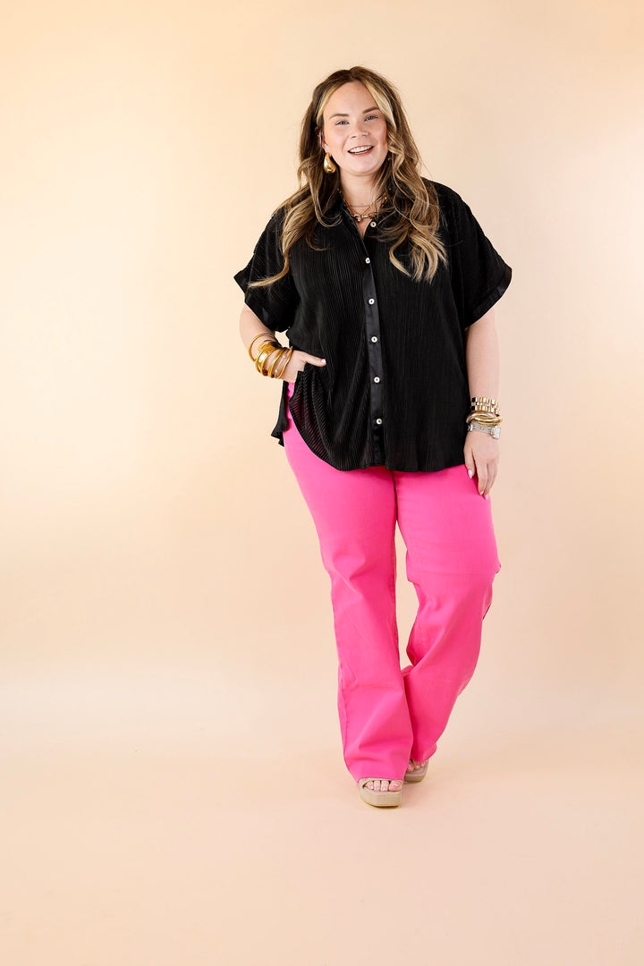 Walking In Paradise Plissé Button Up Top in Black - Giddy Up Glamour Boutique