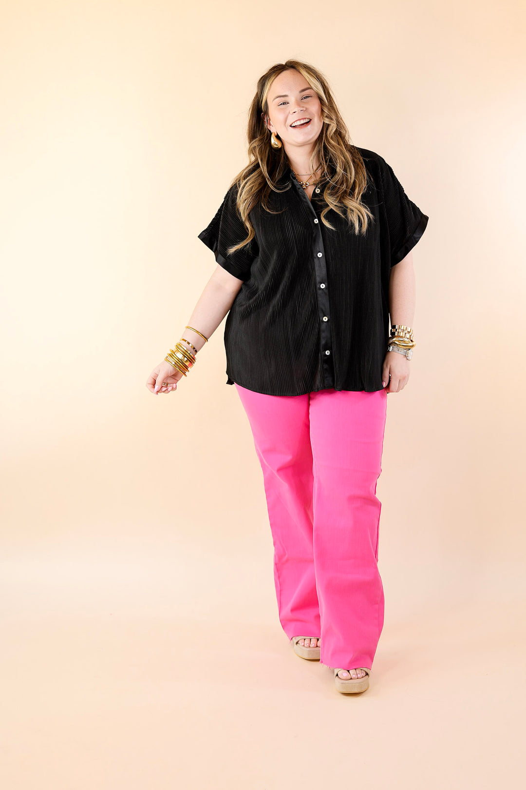 Walking In Paradise Plissé Button Up Top in Black - Giddy Up Glamour Boutique