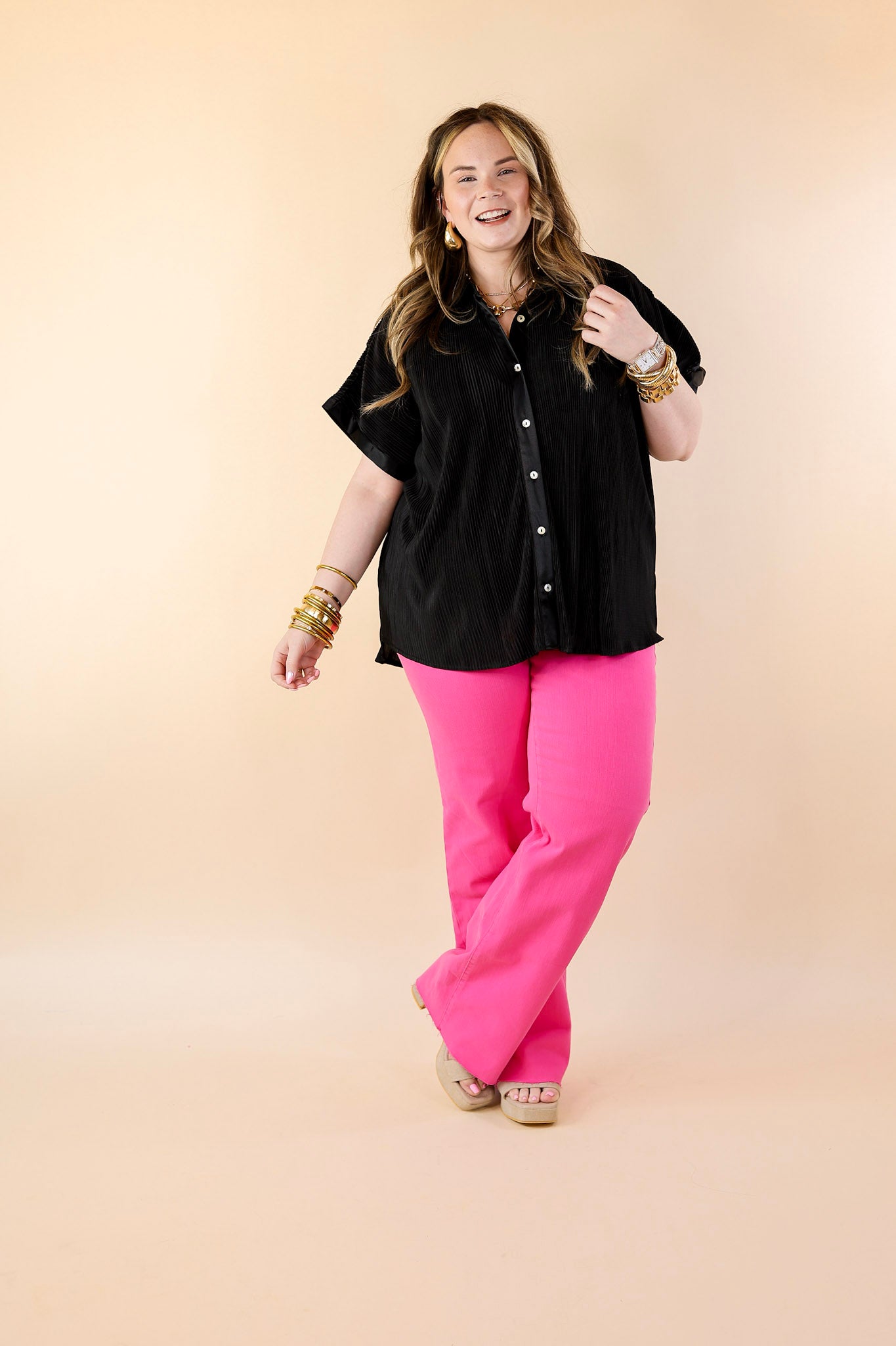 Walking In Paradise Plissé Button Up Top in Black - Giddy Up Glamour Boutique