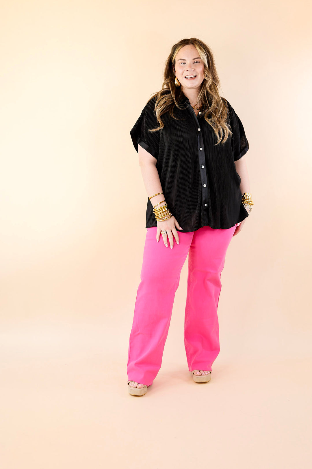 Walking In Paradise Plissé Button Up Top in Black - Giddy Up Glamour Boutique