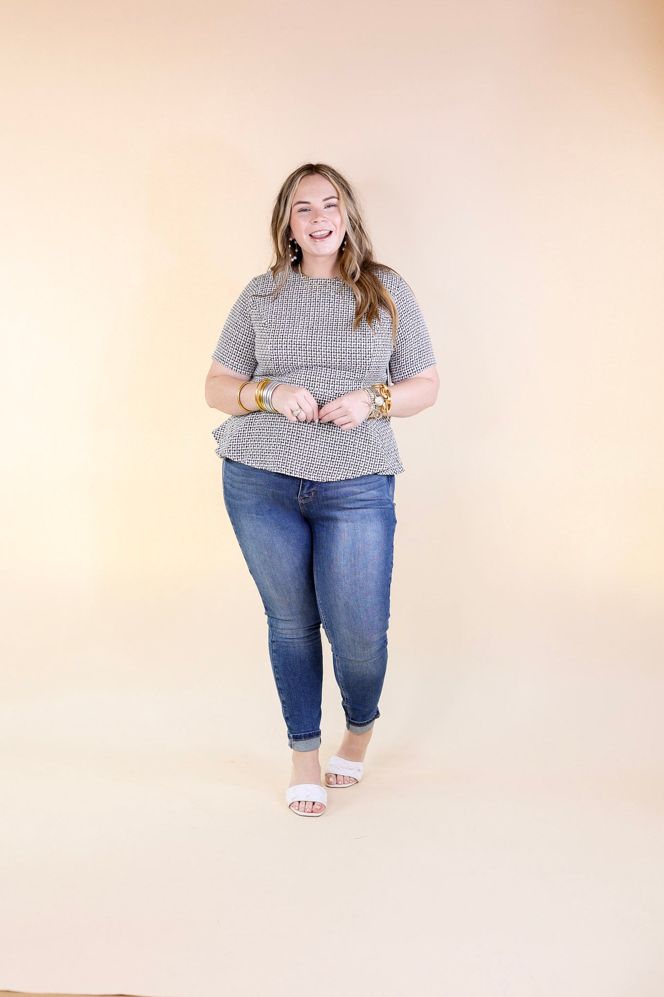 Back and Better Tweed Peplum Top with Short Sleeves in Black and White