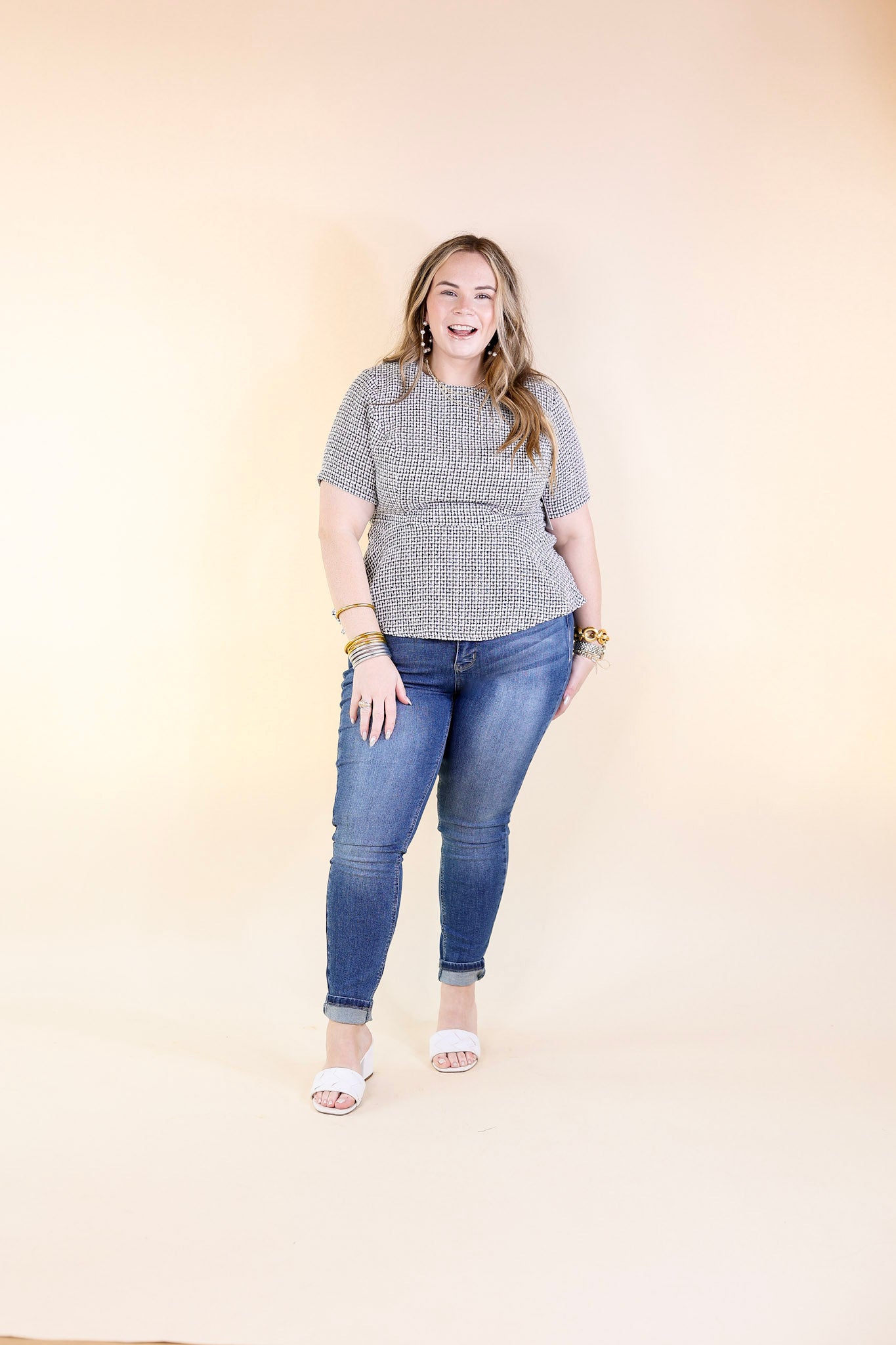 Back and Better Tweed Peplum Top with Short Sleeves in Black and White