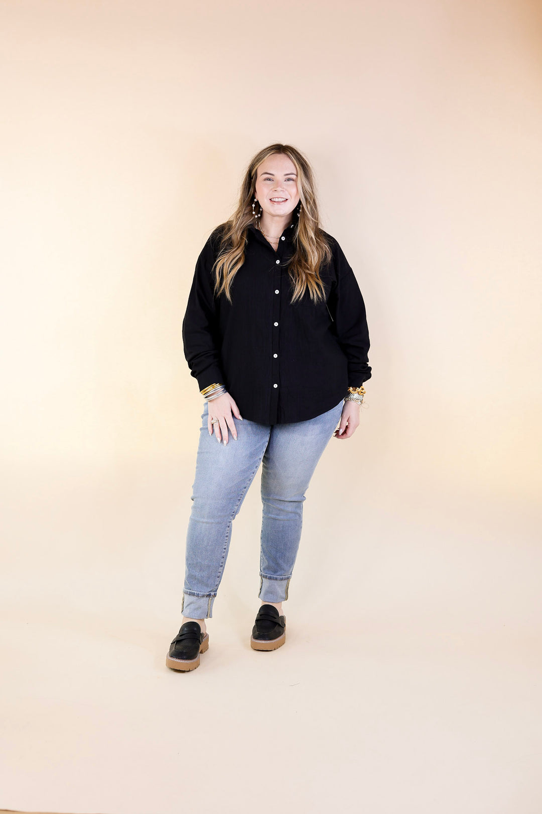 Don't Let Me Down Button Up Long Sleeve Top in Black