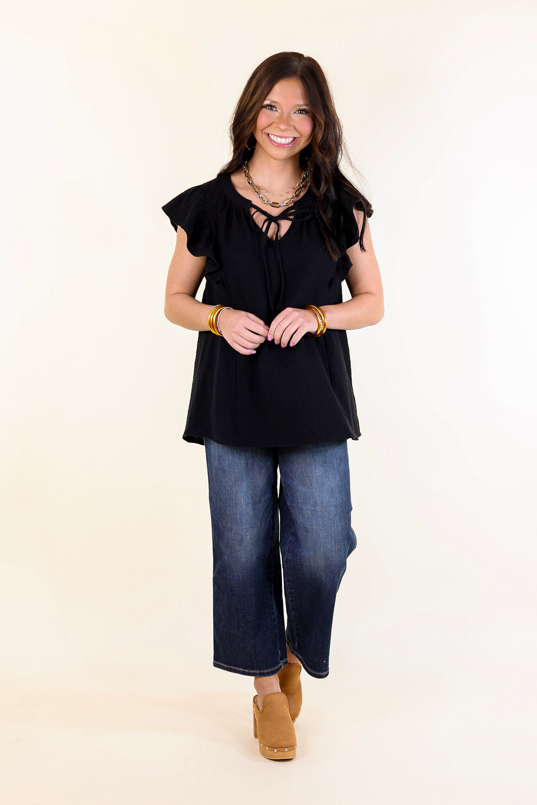 Dual Season Delight Ruffle Cap Sleeve Top with Keyhole and Tie Neckline in Black