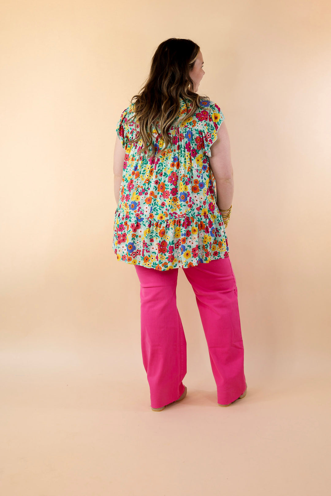 Full of Life Multicolor Floral Ruffle Sleeve Top in Light Green - Giddy Up Glamour Boutique