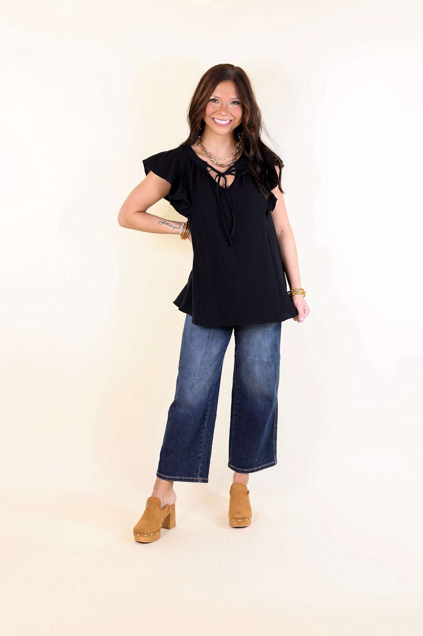 Dual Season Delight Ruffle Cap Sleeve Top with Keyhole and Tie Neckline in Black