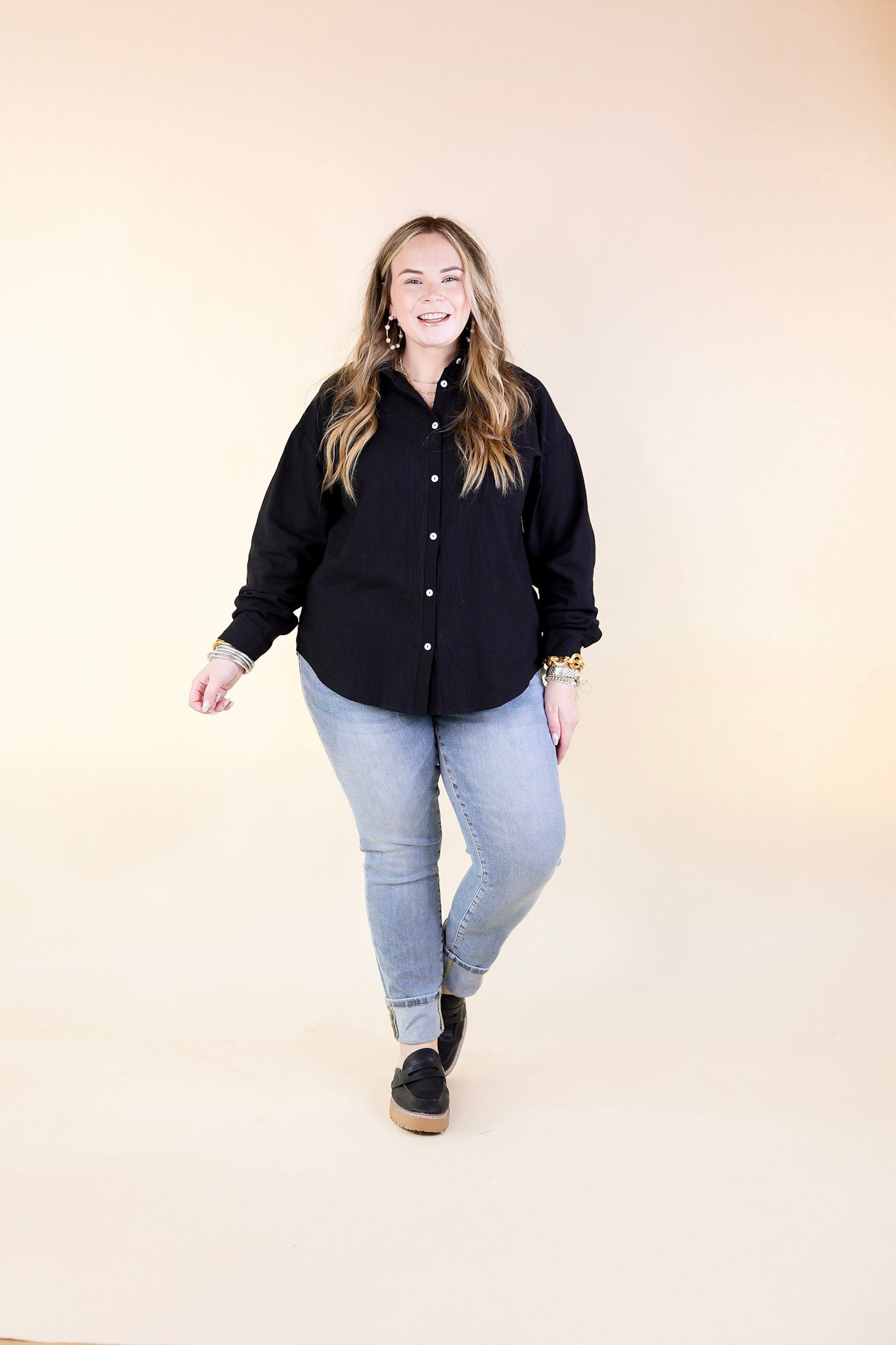 Don't Let Me Down Button Up Long Sleeve Top in Black