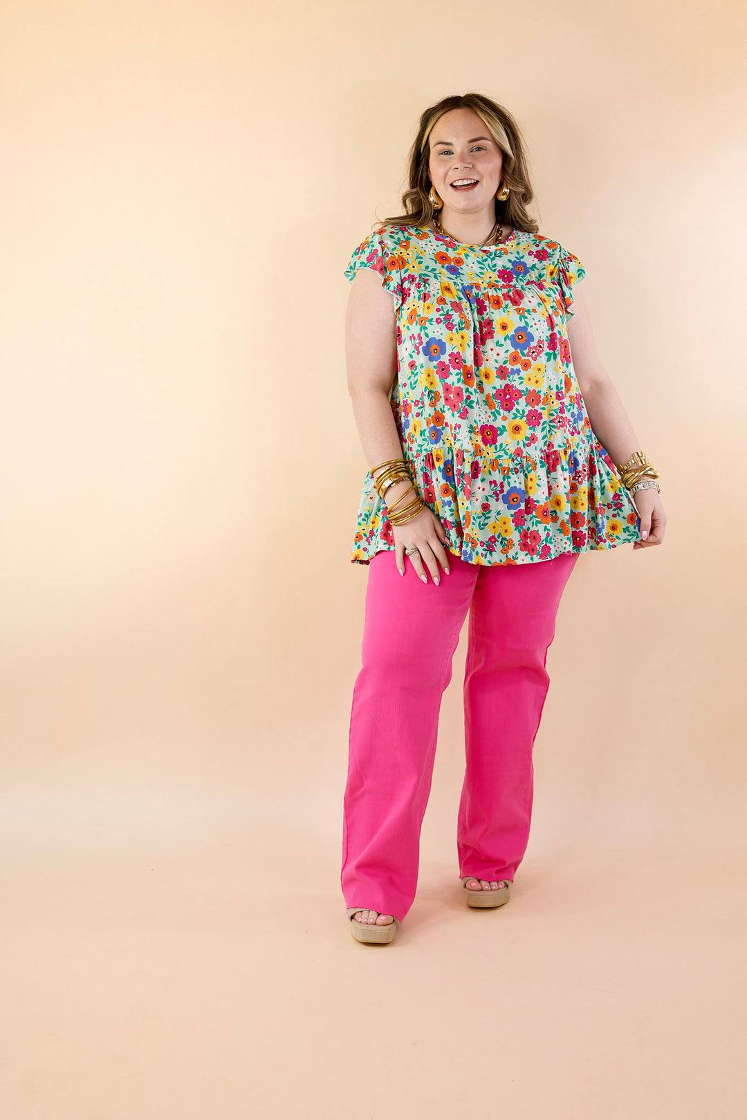 Full of Life Multicolor Floral Ruffle Sleeve Top in Light Green - Giddy Up Glamour Boutique