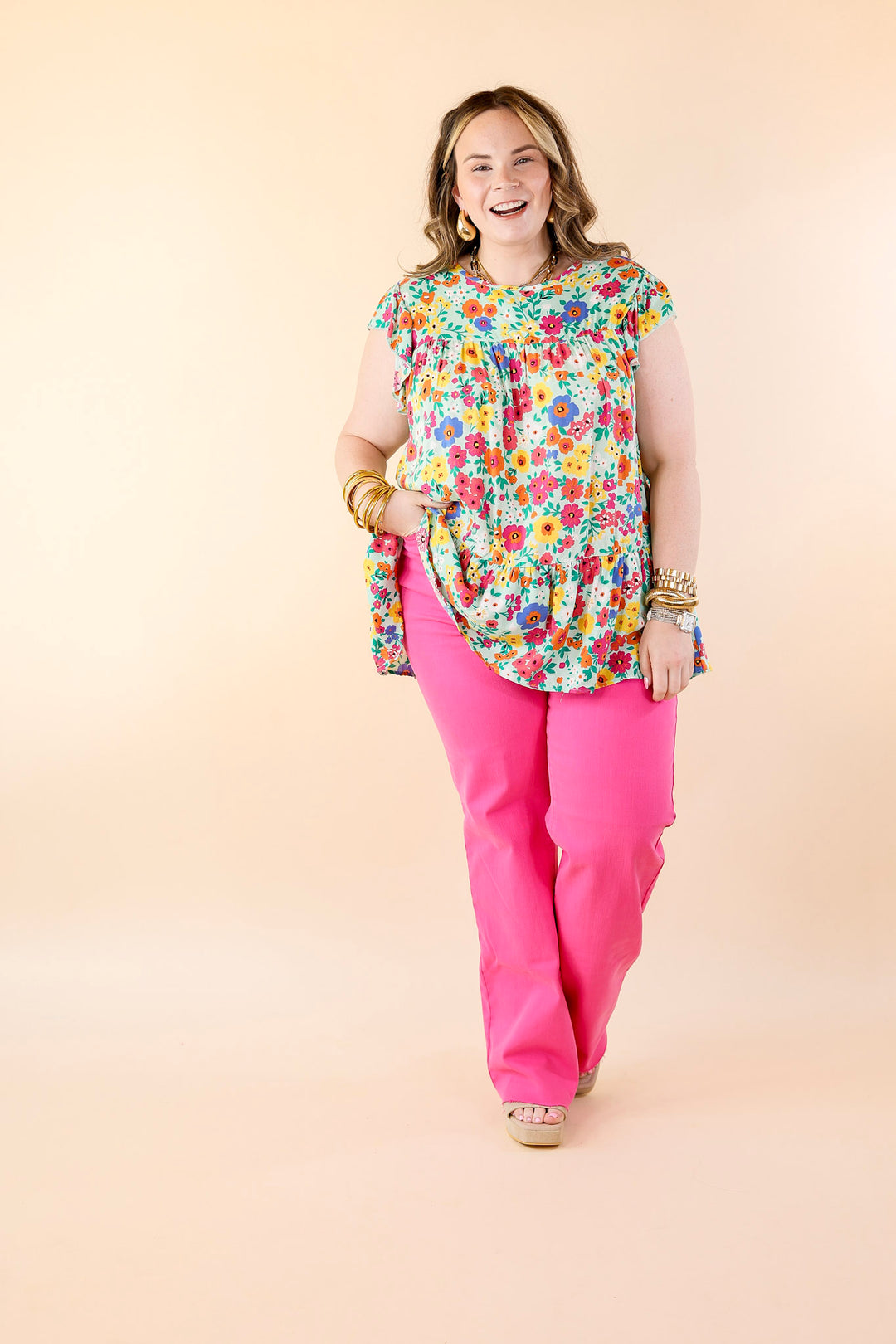 Full of Life Multicolor Floral Ruffle Sleeve Top in Light Green - Giddy Up Glamour Boutique