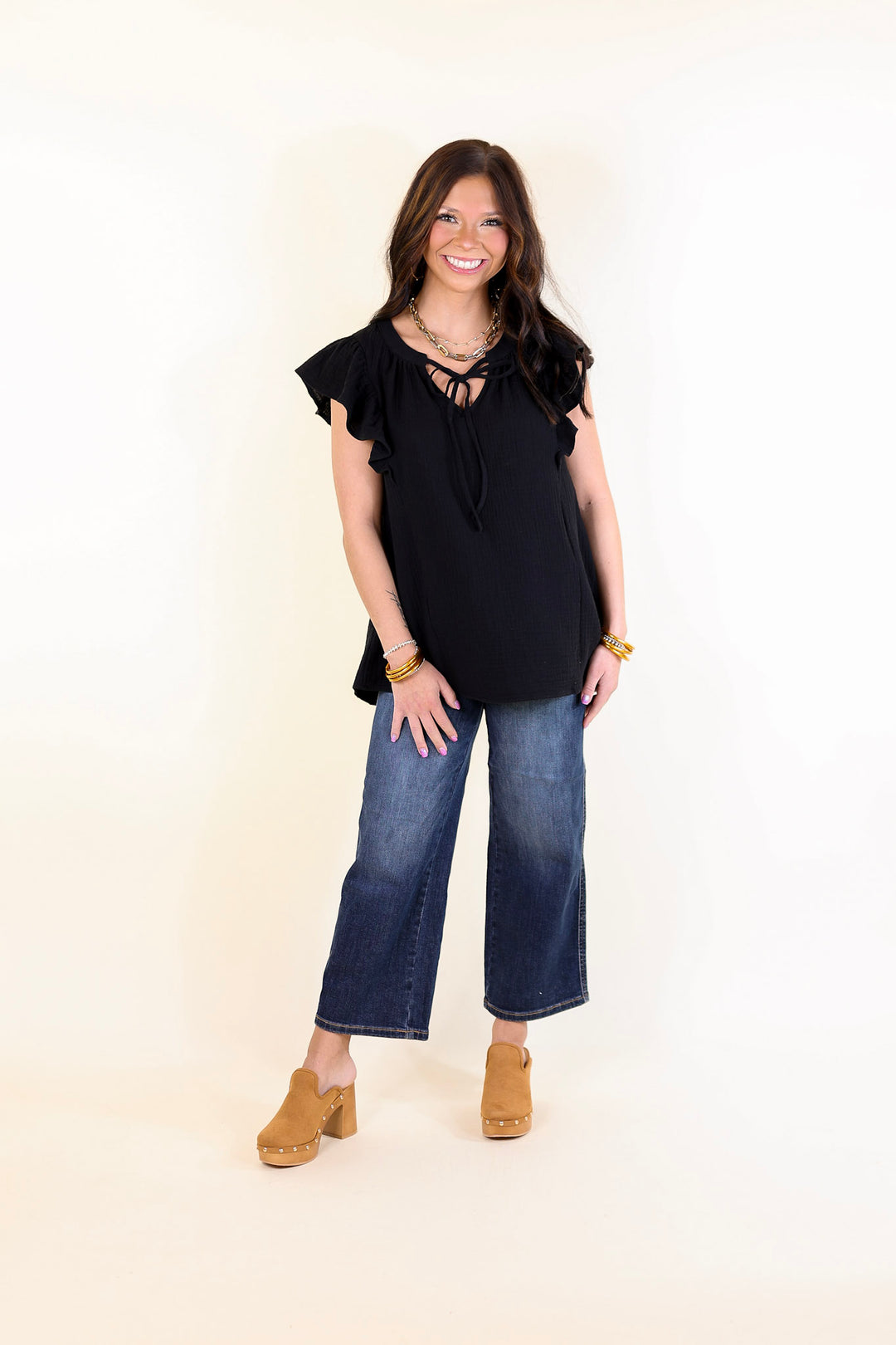 Dual Season Delight Ruffle Cap Sleeve Top with Keyhole and Tie Neckline in Black