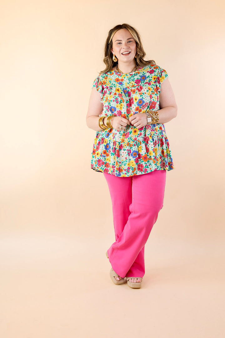 Full of Life Multicolor Floral Ruffle Sleeve Top in Light Green - Giddy Up Glamour Boutique