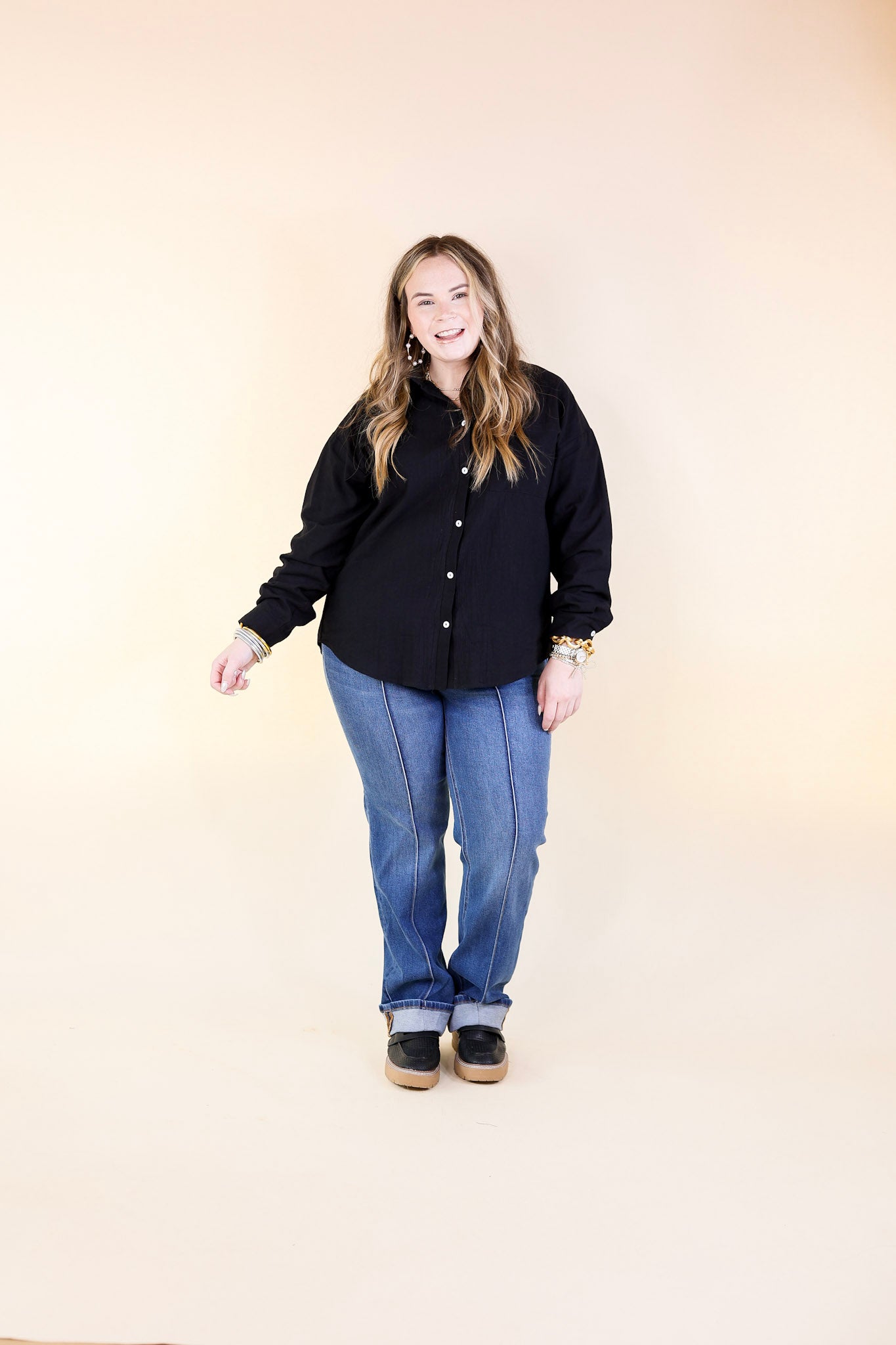 Don't Let Me Down Button Up Long Sleeve Top in Black