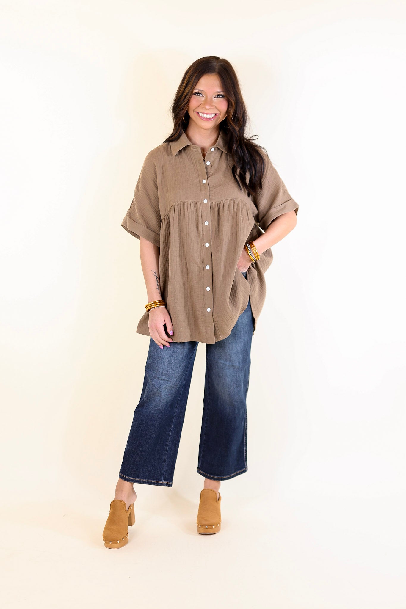 Mellow Mood Collared Button Up Babydoll Top in Mocha Brown