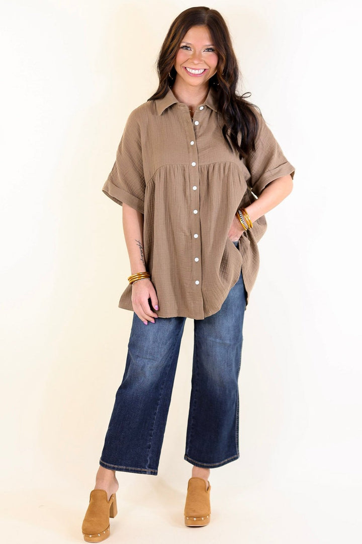 Mellow Mood Collared Button Up Babydoll Top in Mocha Brown