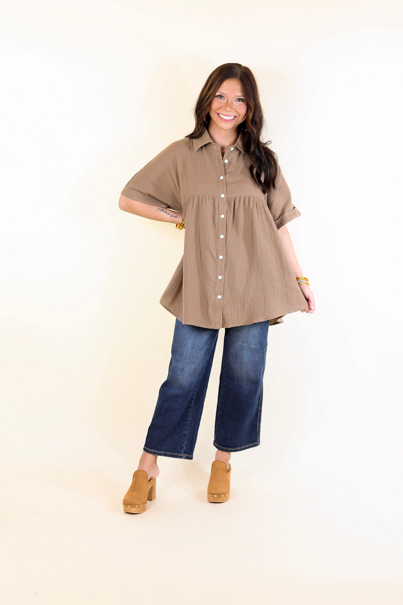 Mellow Mood Collared Button Up Babydoll Top in Mocha Brown