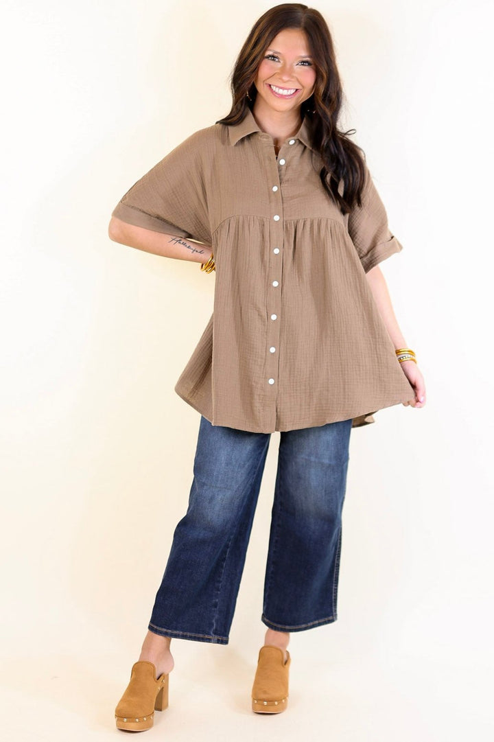Mellow Mood Collared Button Up Babydoll Top in Mocha Brown