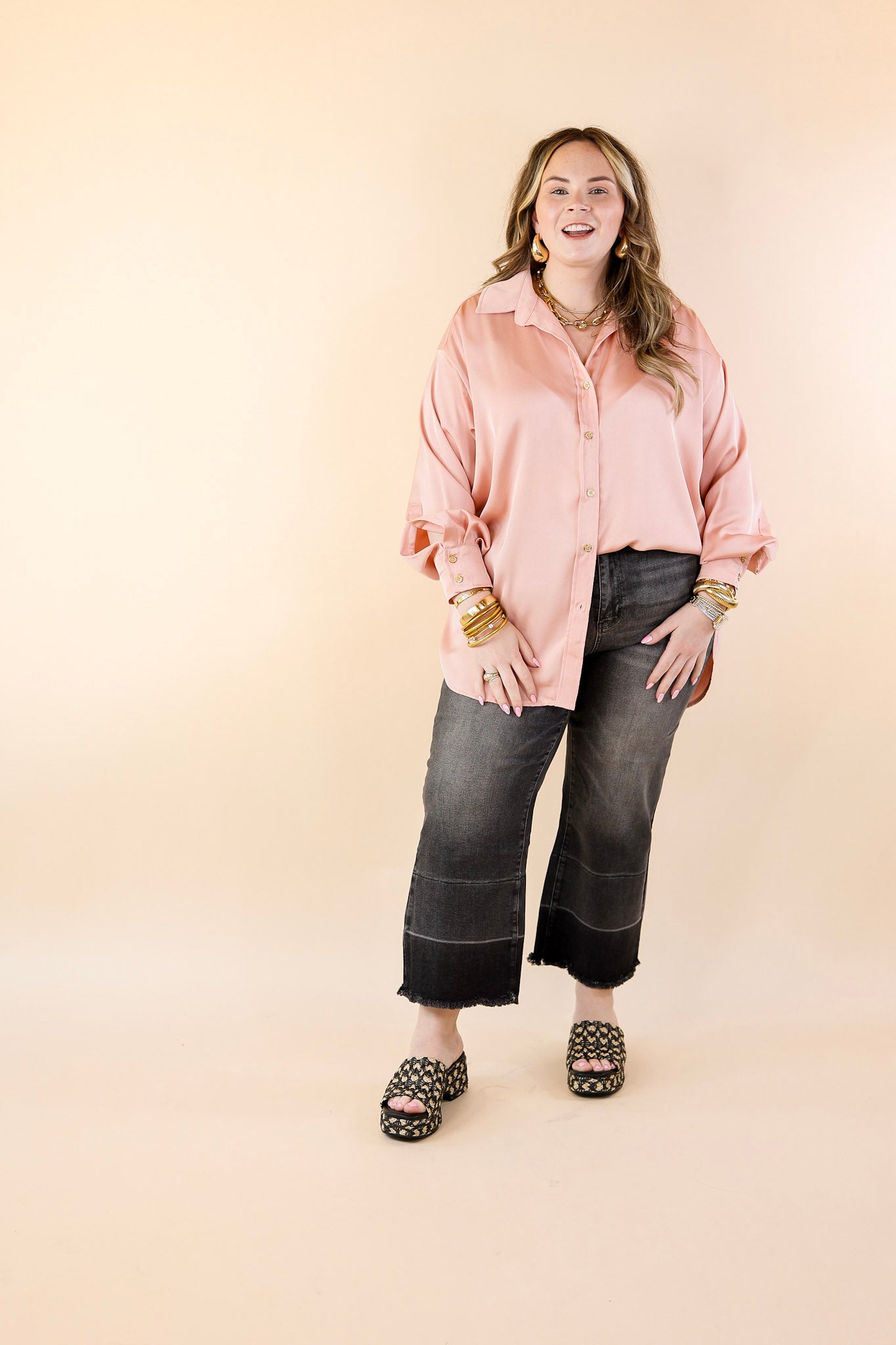 Tell Me Something Good Long Sleeve Button Up Top in Peach Pink - Giddy Up Glamour Boutique
