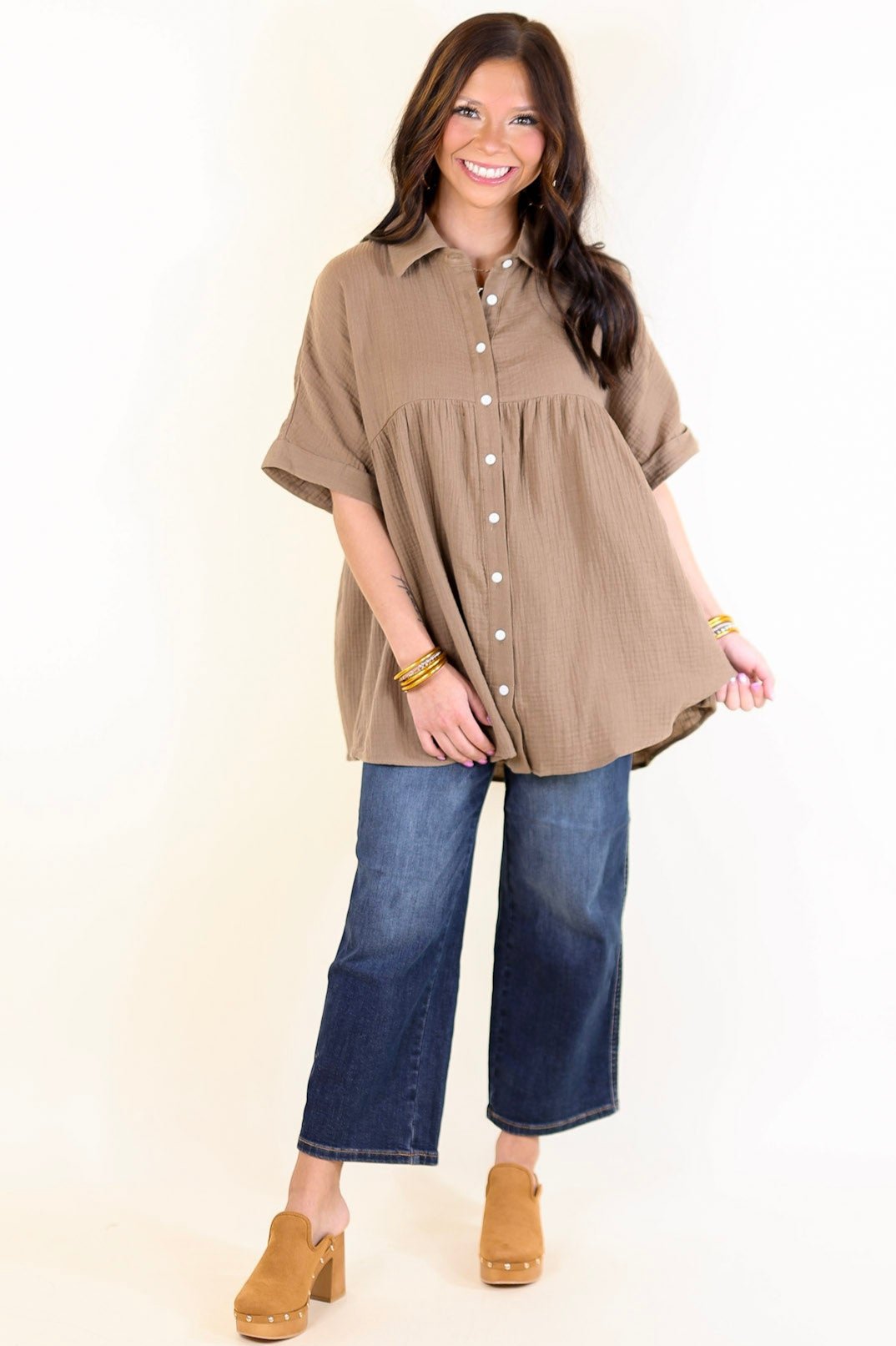 Mellow Mood Collared Button Up Babydoll Top in Mocha Brown