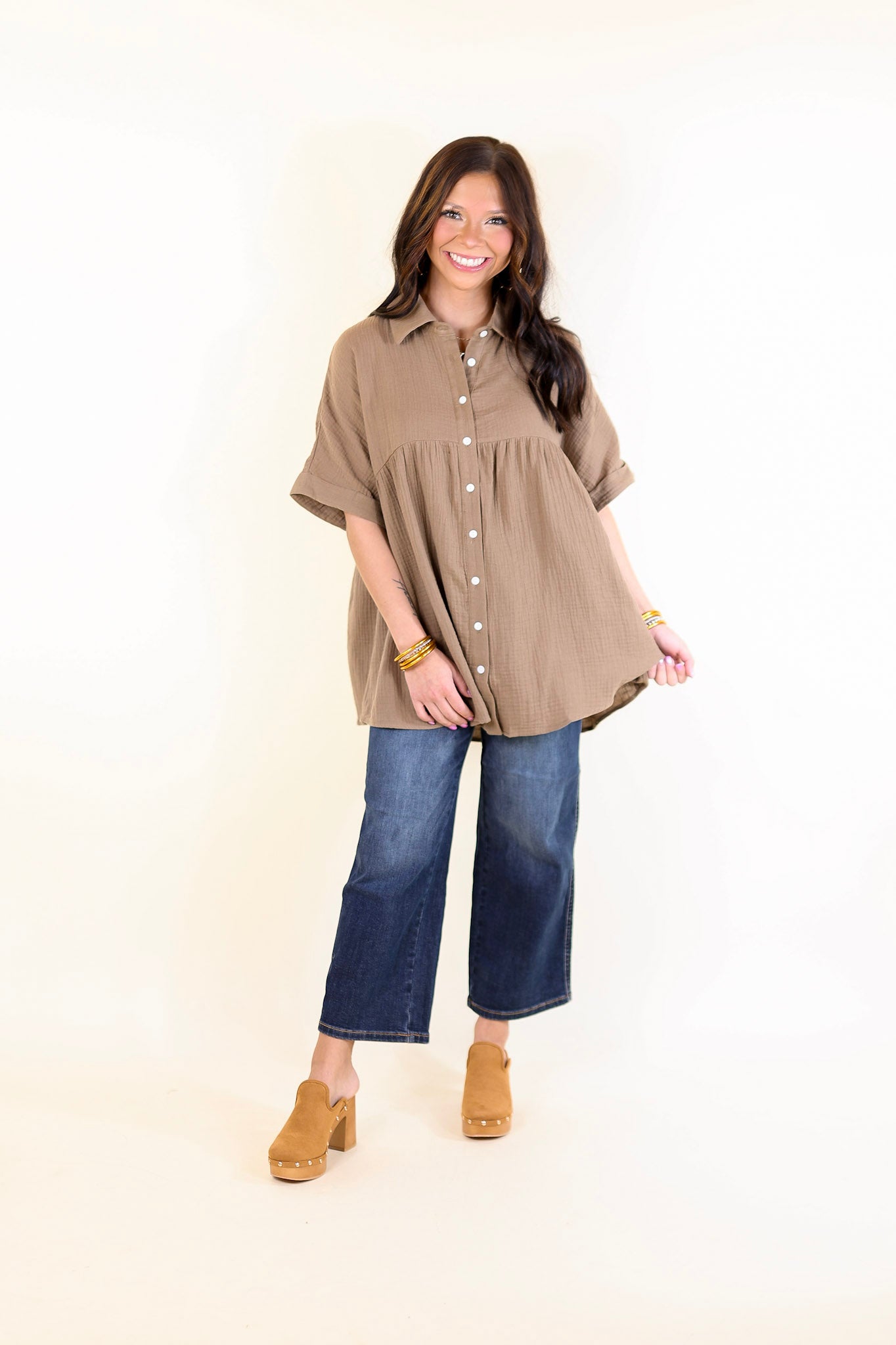 Mellow Mood Collared Button Up Babydoll Top in Mocha Brown