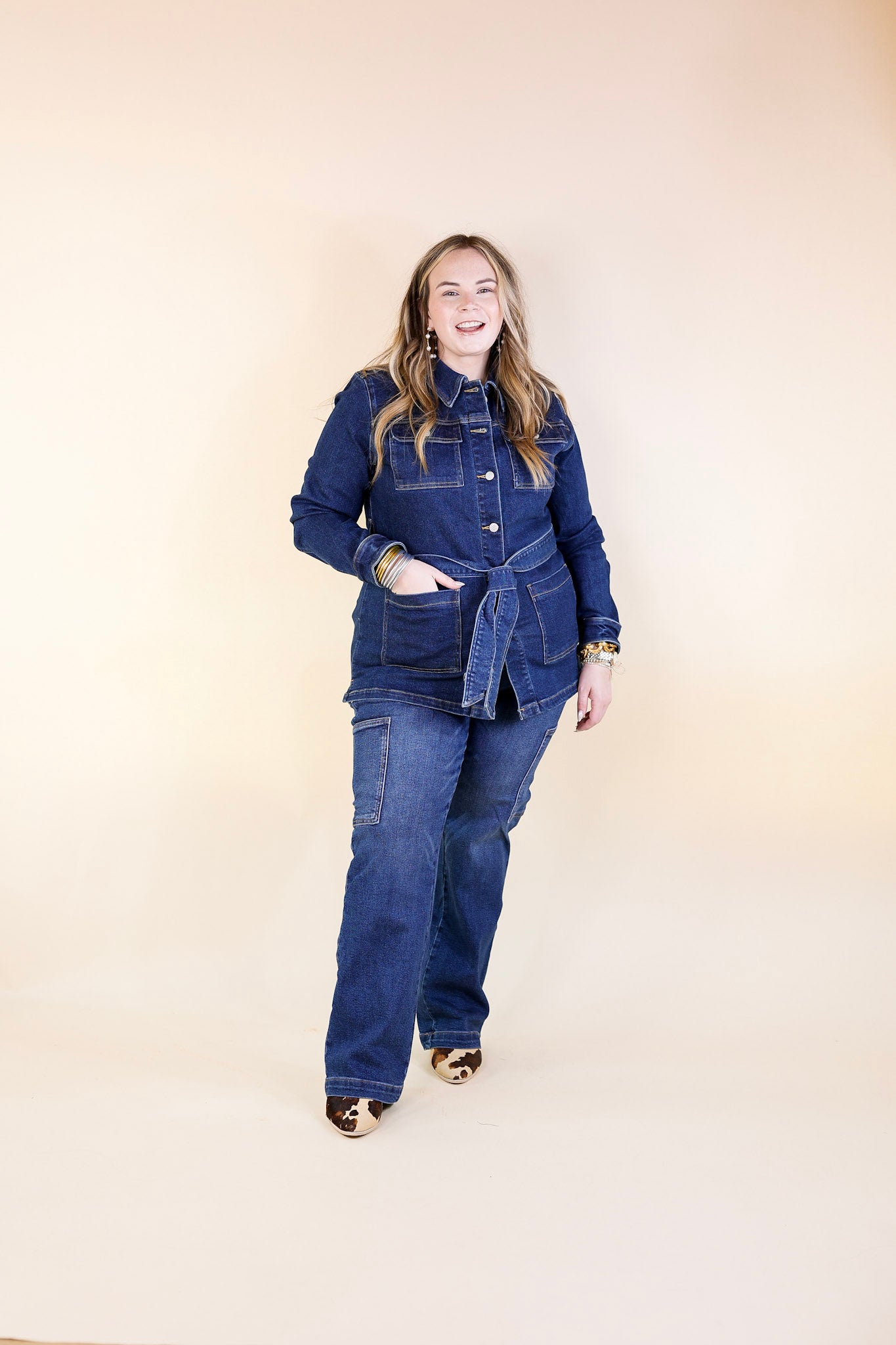 Judy Blue | Tied Together Mid Length Denim Utility Jacket in Dark Wash