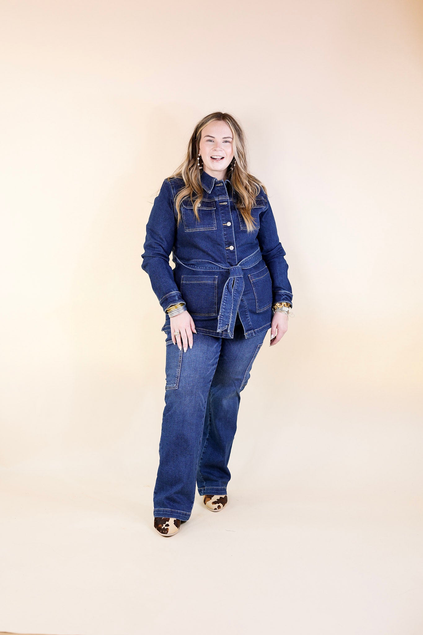 Judy Blue | Tied Together Mid Length Denim Utility Jacket in Dark Wash