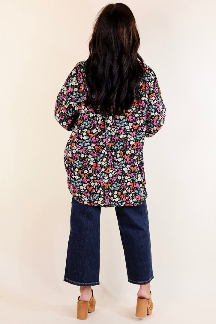 Spring Essence Floral Print Long Sleeve Button Up Top in Black