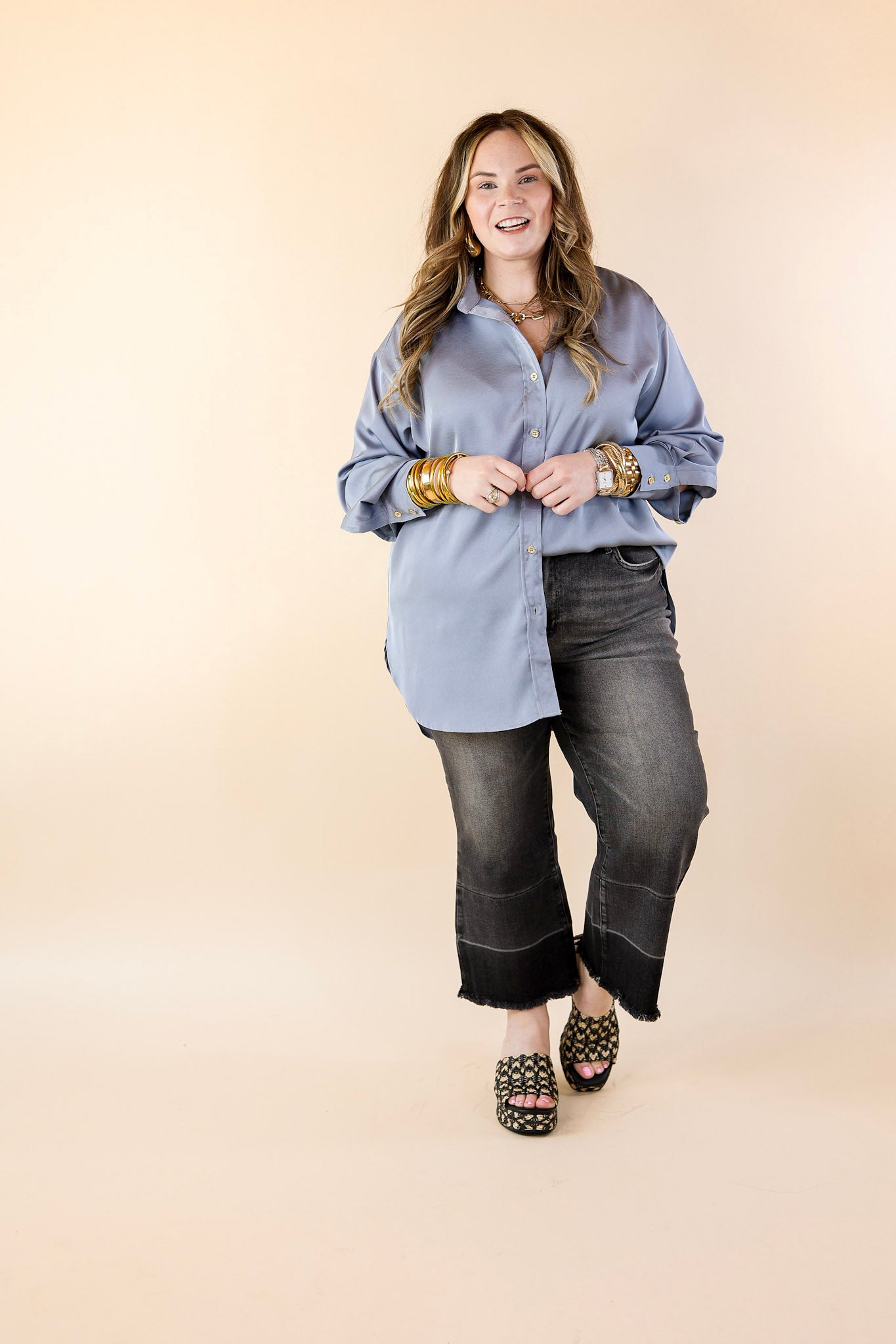 Tell Me Something Good Long Sleeve Button Up Top in Dusty Blue - Giddy Up Glamour Boutique