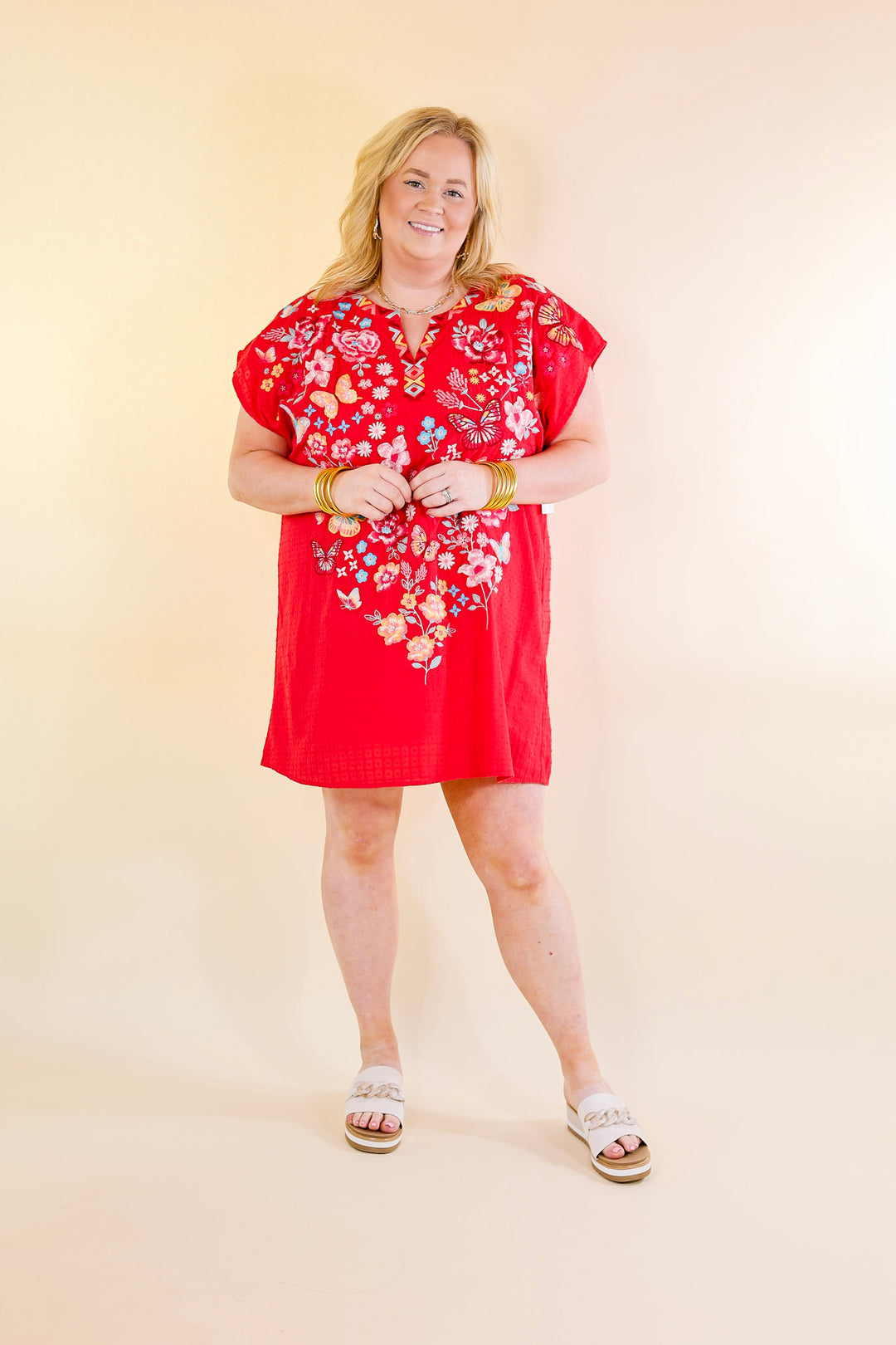 Lovely Feeling Floral Embroidered Dress with a Notched Neckline in Red