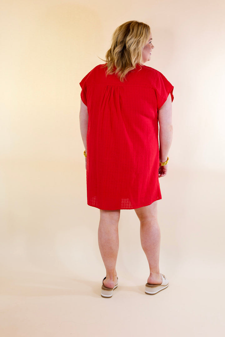 Lovely Feeling Floral Embroidered Dress with a Notched Neckline in Red