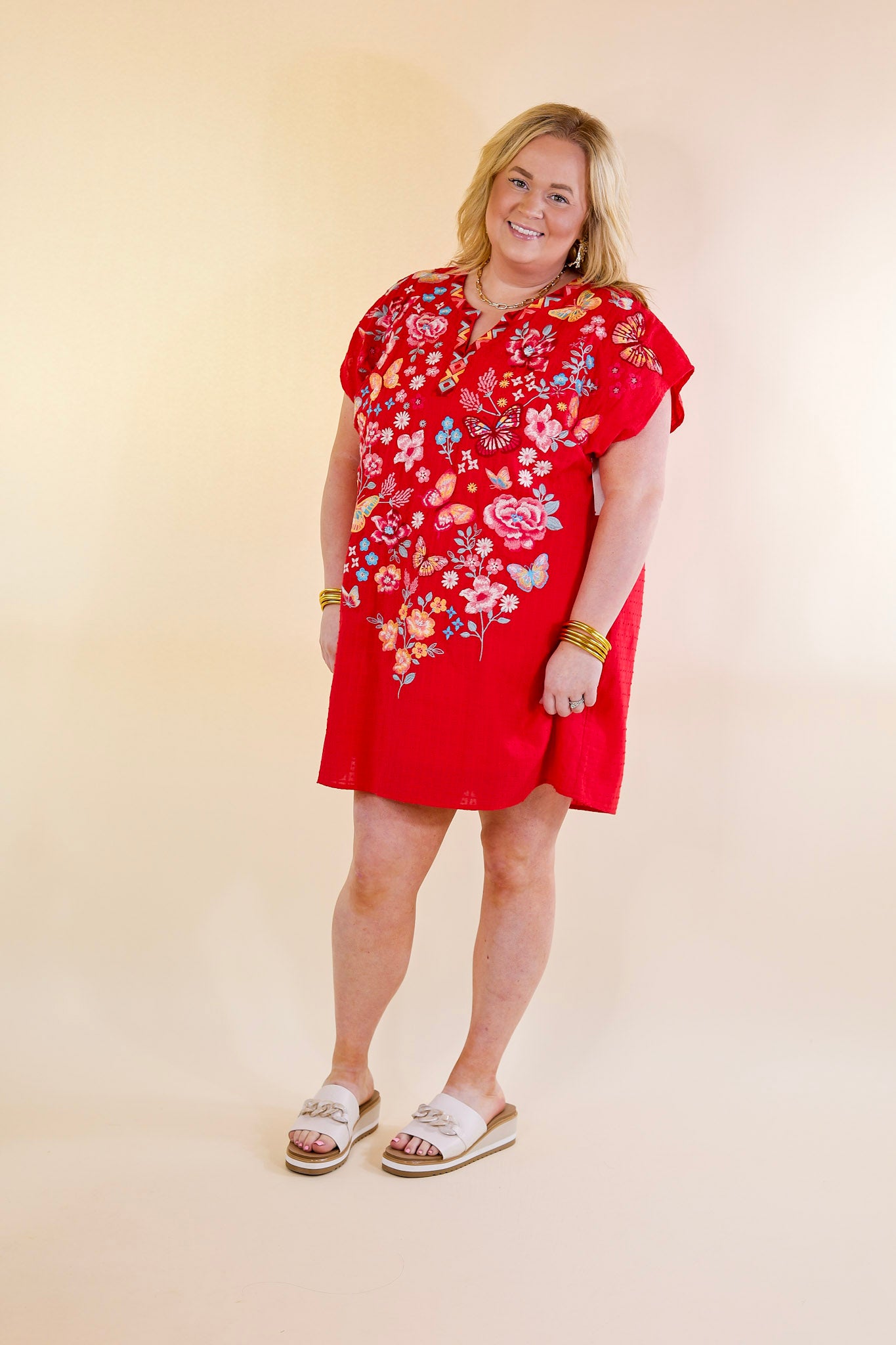 Lovely Feeling Floral Embroidered Dress with a Notched Neckline in Red