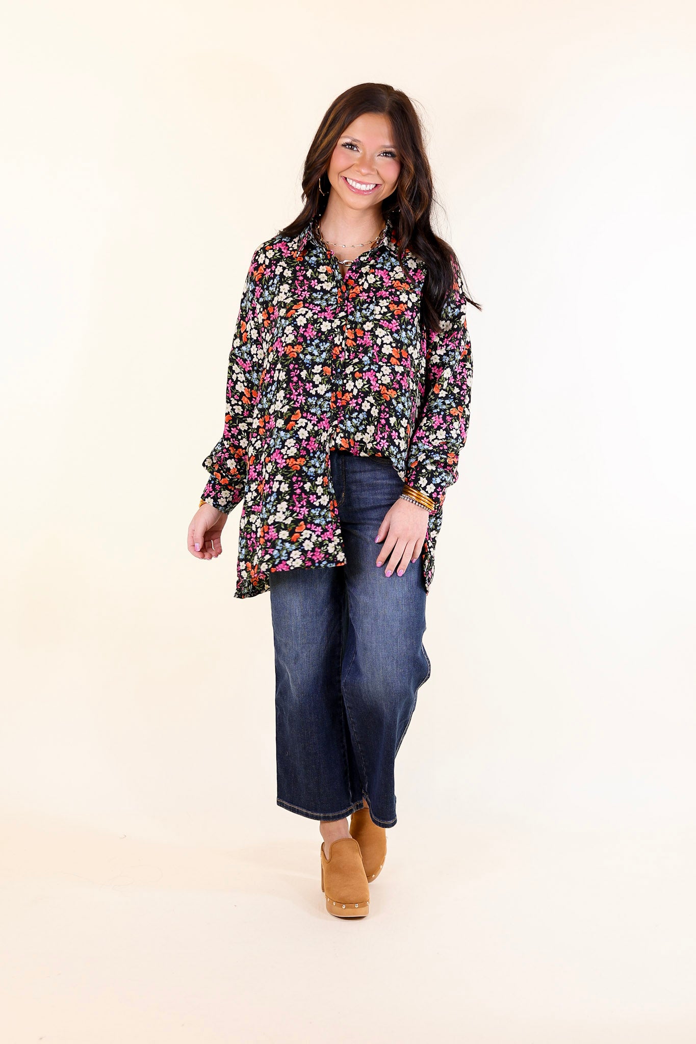 Autumn Bloom Floral Print Long Sleeve Button Up Top in Black