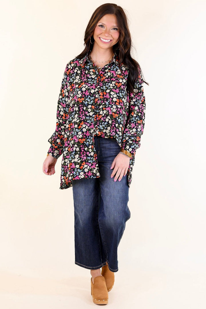 Spring Essence Floral Print Long Sleeve Button Up Top in Black