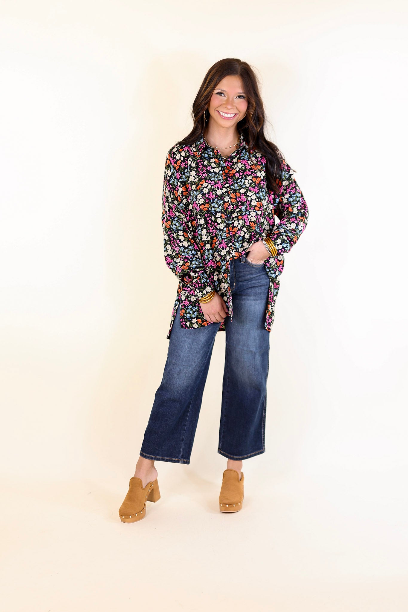 Autumn Bloom Floral Print Long Sleeve Button Up Top in Black