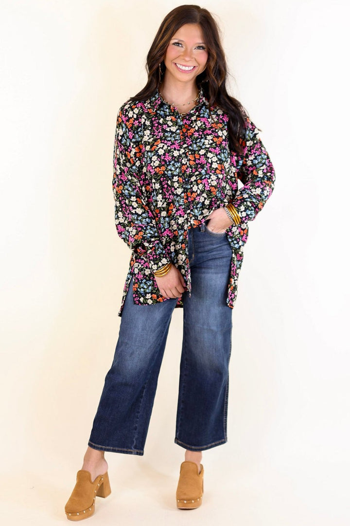 Spring Essence Floral Print Long Sleeve Button Up Top in Black