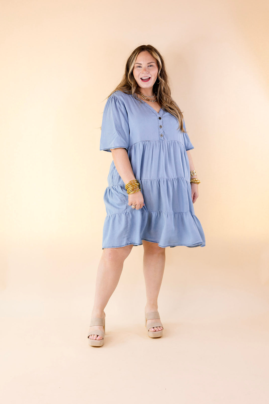 Truly Darling Chambray Tiered Dress with Button Up Yoke in Light Wash - Giddy Up Glamour Boutique