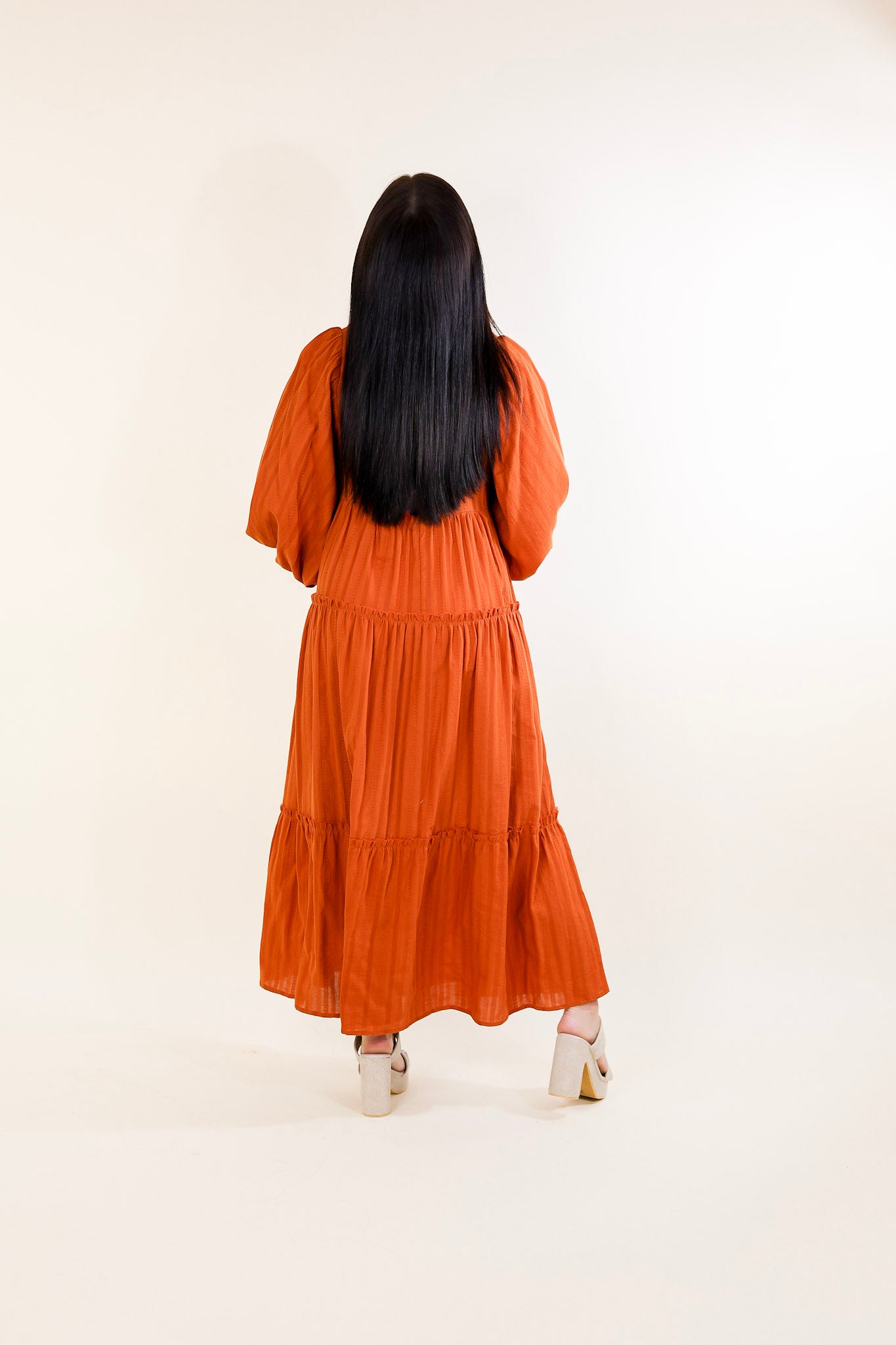 Sunshine And Cider Long Sleeve Tiered Midi Dress in Rust Orange