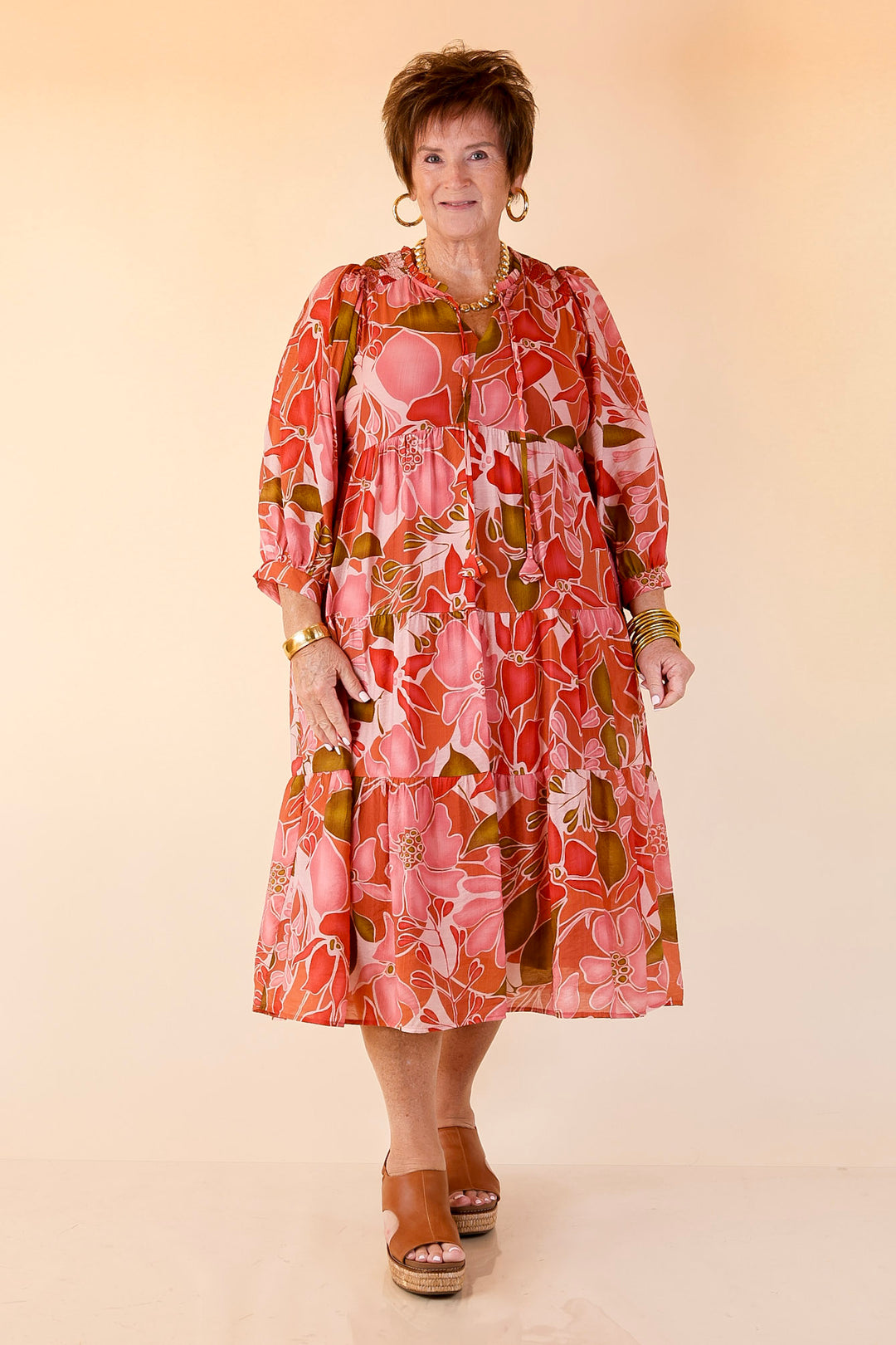 Budding Beauty Floral Print Midi Dress in Pink and Olive Green Mix