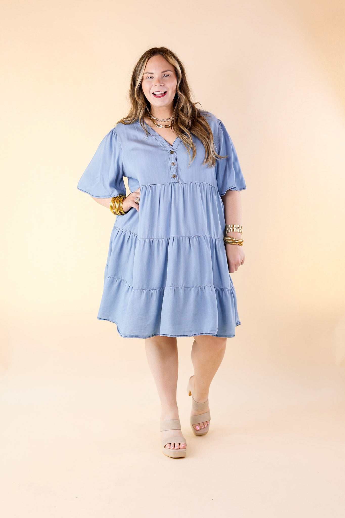 Truly Darling Chambray Tiered Dress with Button Up Yoke in Light Wash - Giddy Up Glamour Boutique